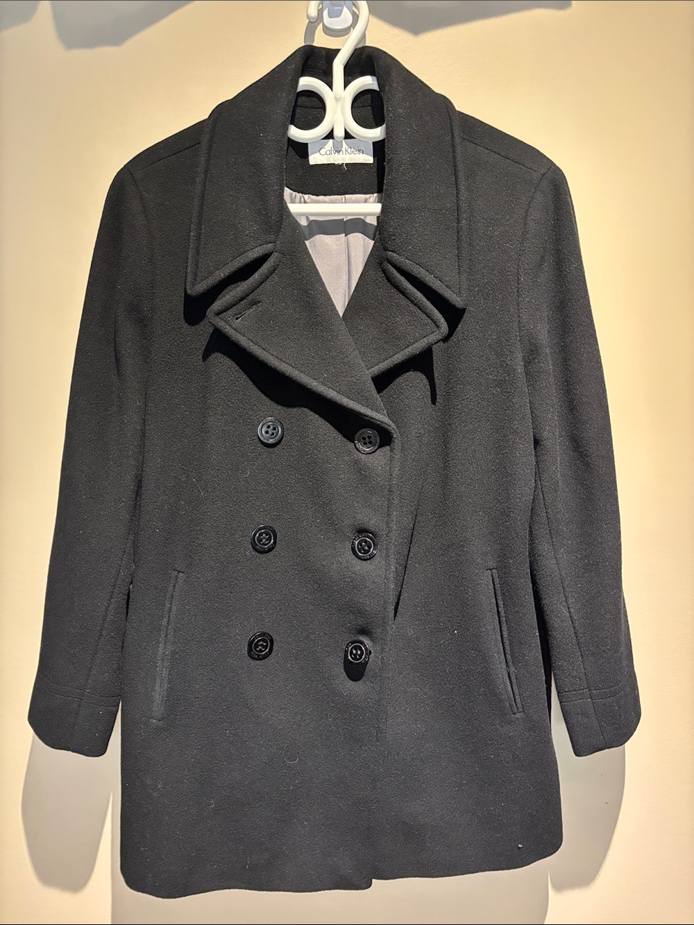 Calvin Klein Men’s XL Black Double-Breasted Wool Blend Peacoat